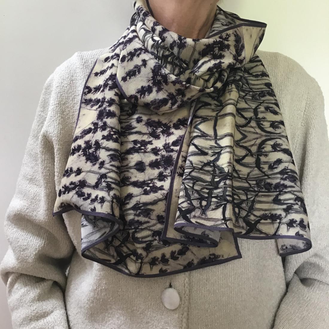 Lavender Ladies Silk Scarf Designed by Jane Hickman and made in the UK.